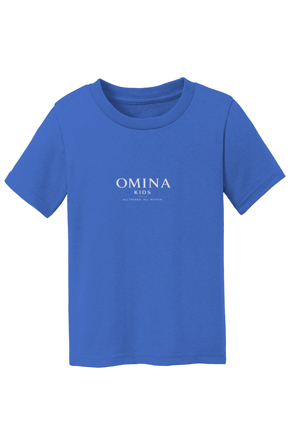 OMINA Kids blue cotton t-shirt with crew neck and short sleeves, featuring a minimalist logo print.