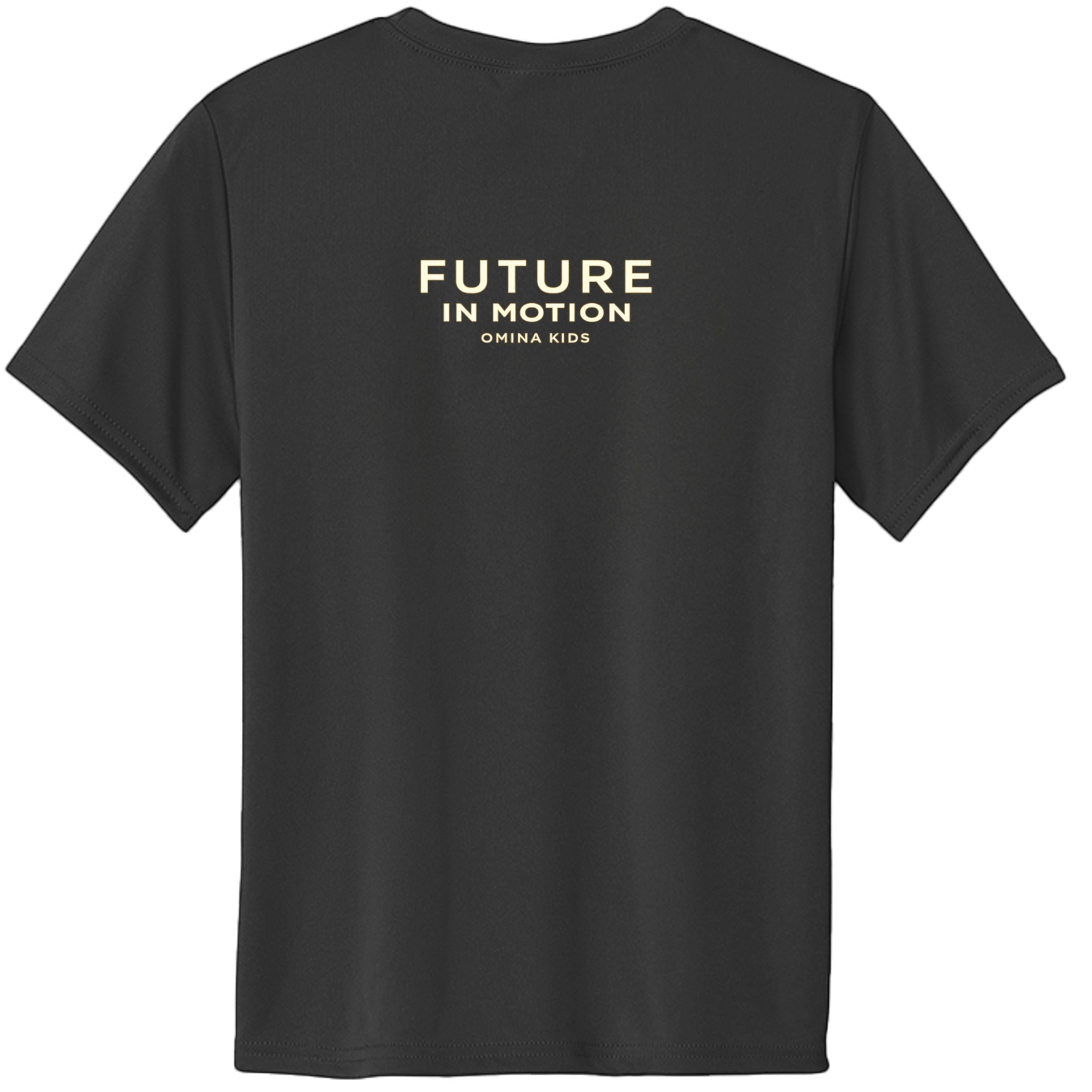 Omina Kids black cotton t-shirt with "FUTURE IN MOTION OMINA KIDS" text in gold on the back.