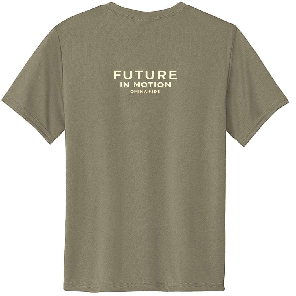 Omina Kids Future In Motion t-shirt in olive green, made from cotton with bold minimal typography on the back.