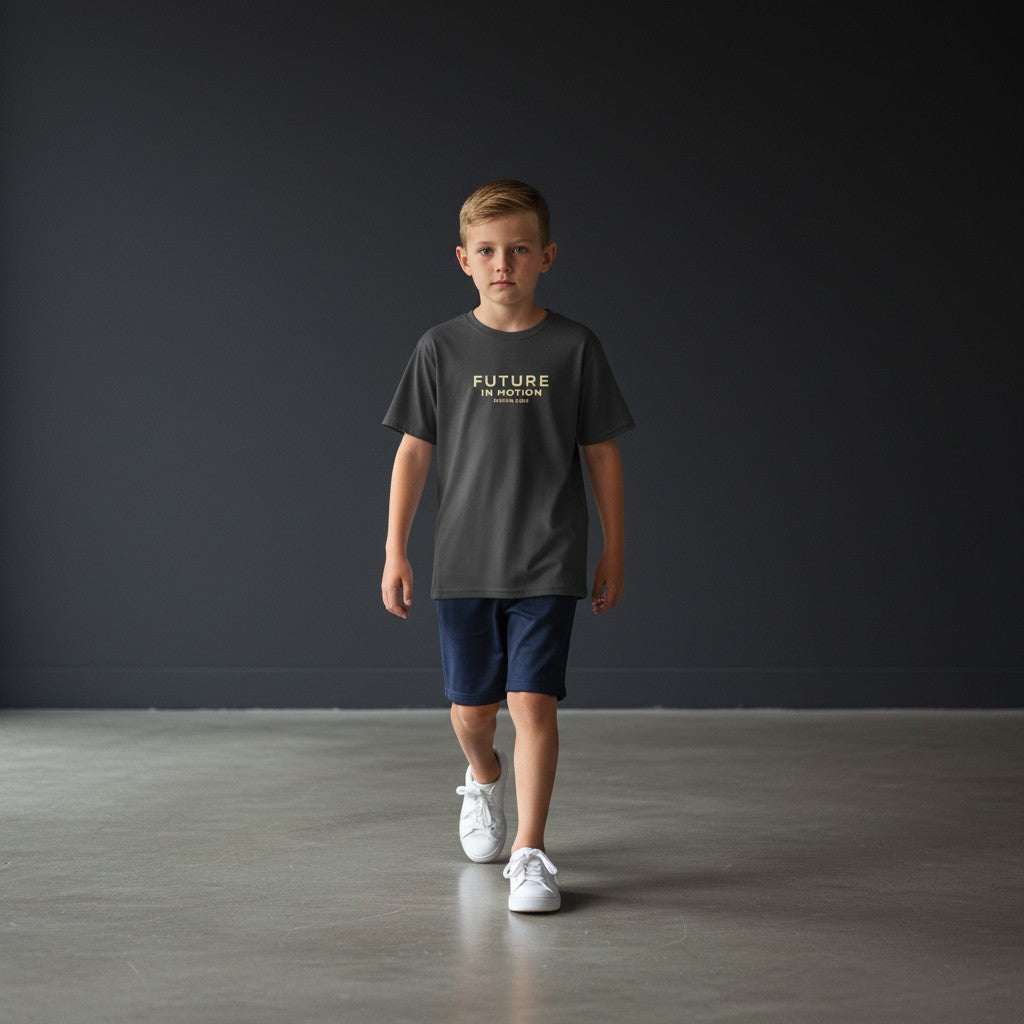 Omina Kids dark grey cotton t-shirt with "FUTURE IN MOTION OMINA KIDS" text in gold on the back.