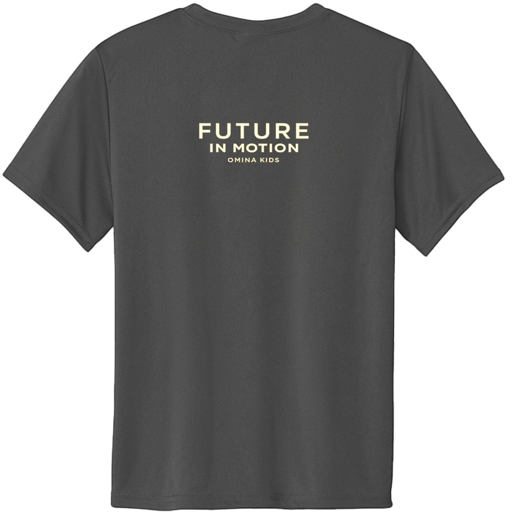 Omina Kids dark grey cotton t-shirt with "FUTURE IN MOTION OMINA KIDS" text in gold on back.