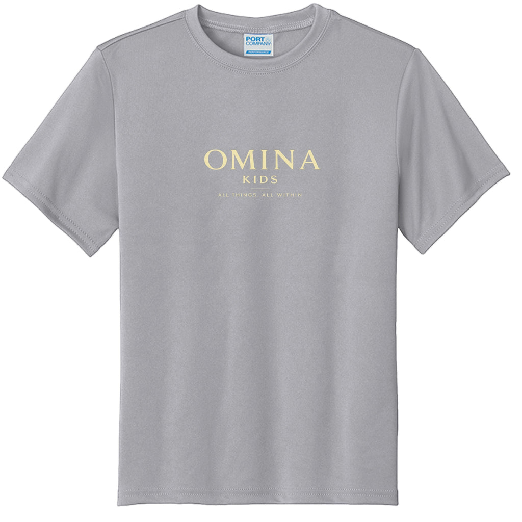 Omina Kids grey cotton t-shirt with "OMINA KIDS ALL THINGS, ALL WITHIN" text in gold.