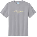 Omina Kids grey cotton t-shirt with "OMINA KIDS ALL THINGS, ALL WITHIN" text in gold.