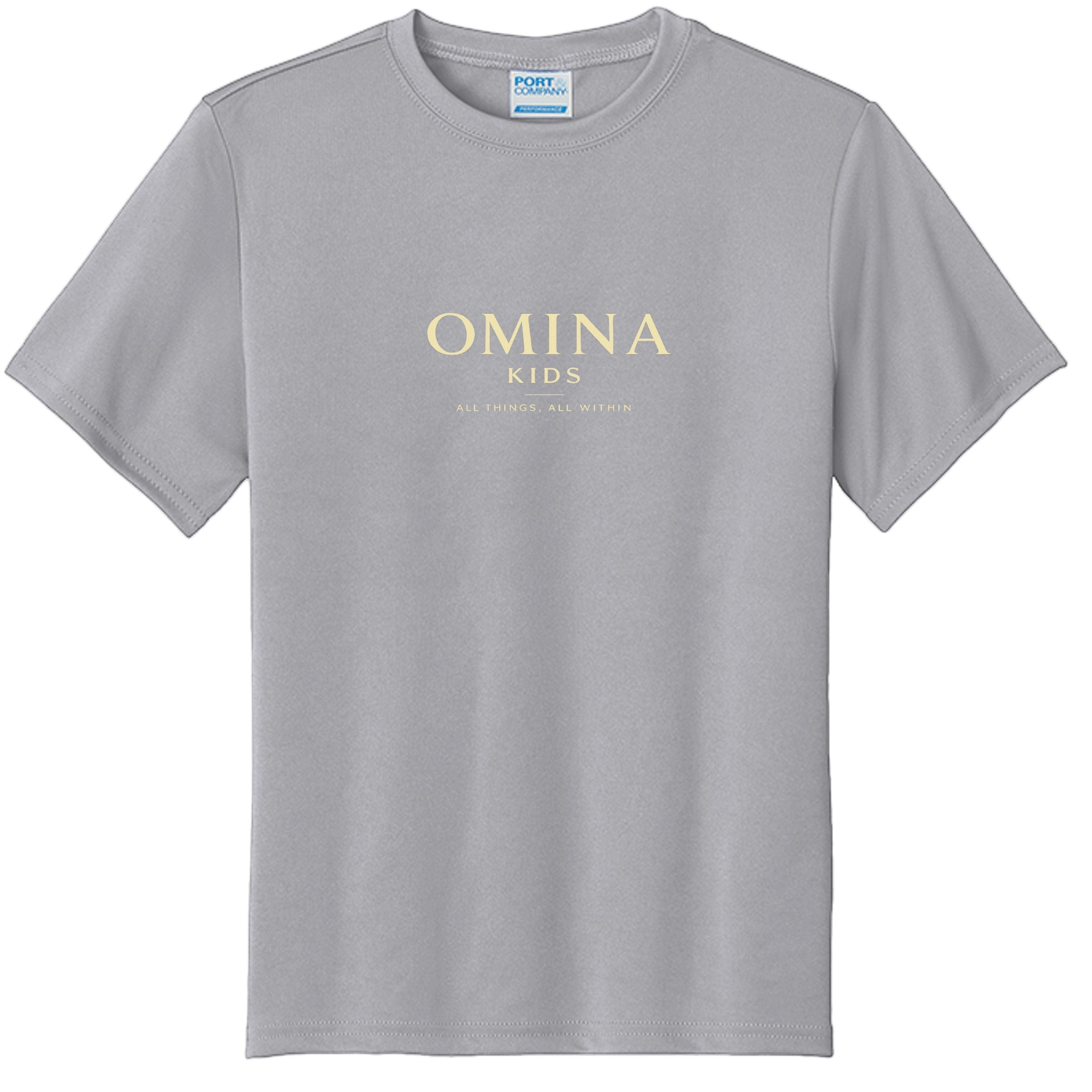 Omina Kids grey cotton t-shirt with "OMINA KIDS ALL THINGS, ALL WITHIN" text in gold.