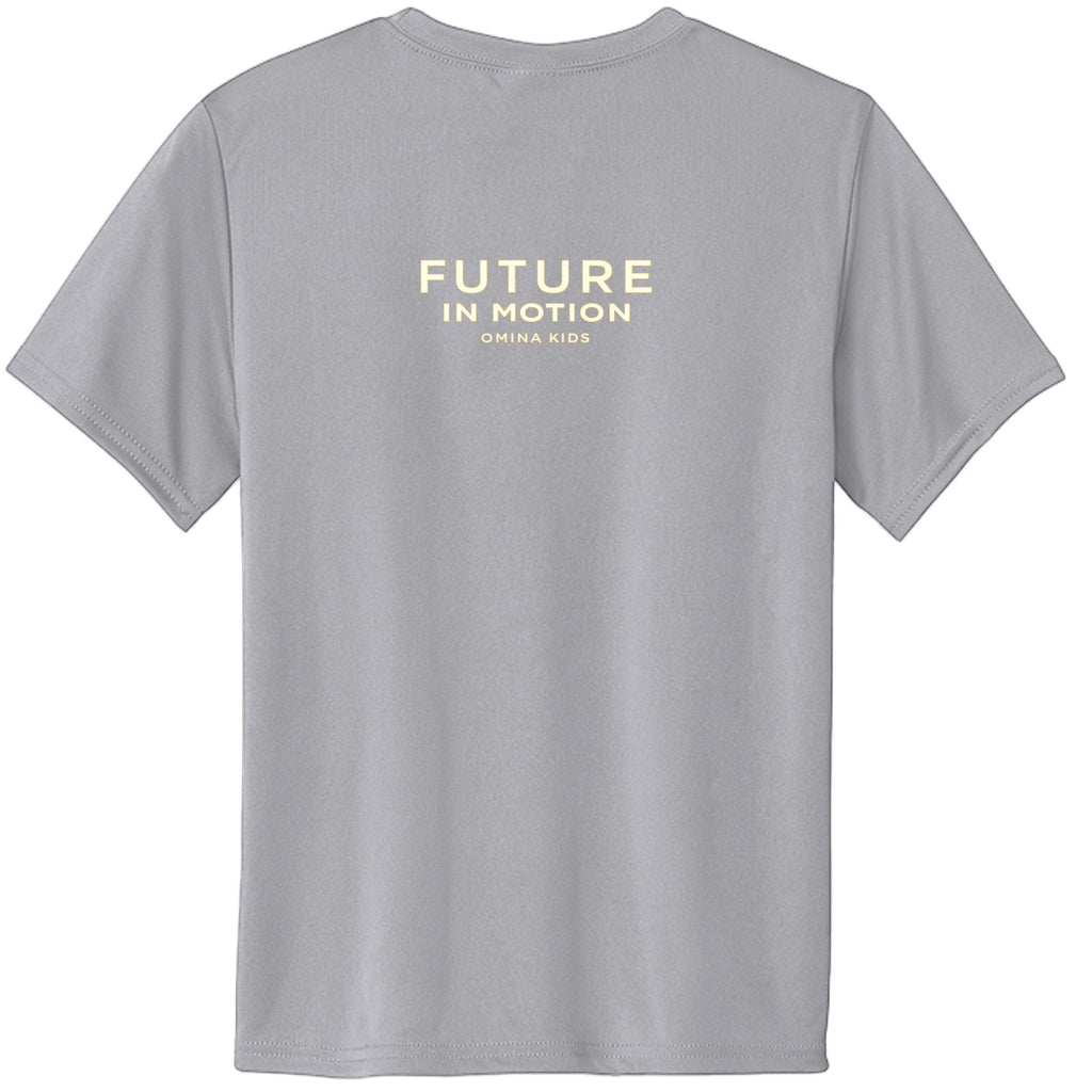 Omina Kids grey cotton t-shirt with "Future In Motion" and "Omina Kids" text in cream on the back.