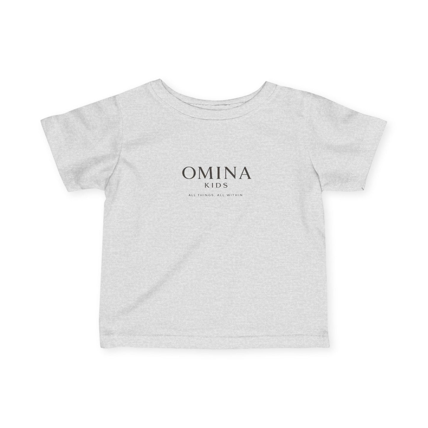 Omina Kids heather grey short-sleeve infant t-shirt with black Omina Kids logo and tagline on front. 100% combed cotton.
