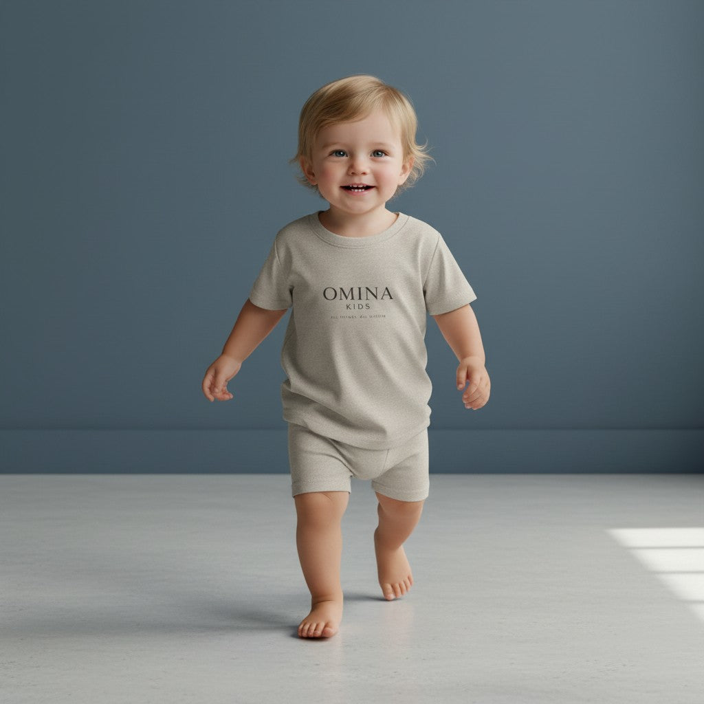 Omina Kids heather grey short-sleeve infant t-shirt with "OMINA KIDS" logo on front.