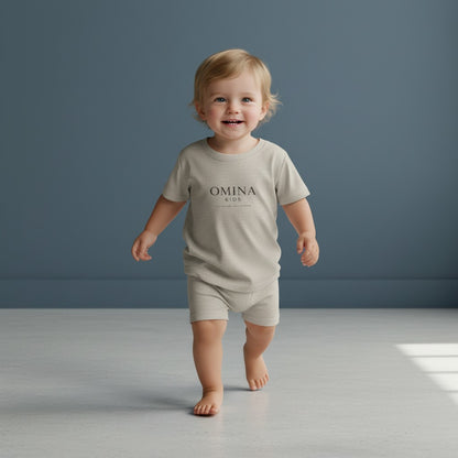 Omina Kids heather grey short-sleeve infant t-shirt with "OMINA KIDS" logo on front.