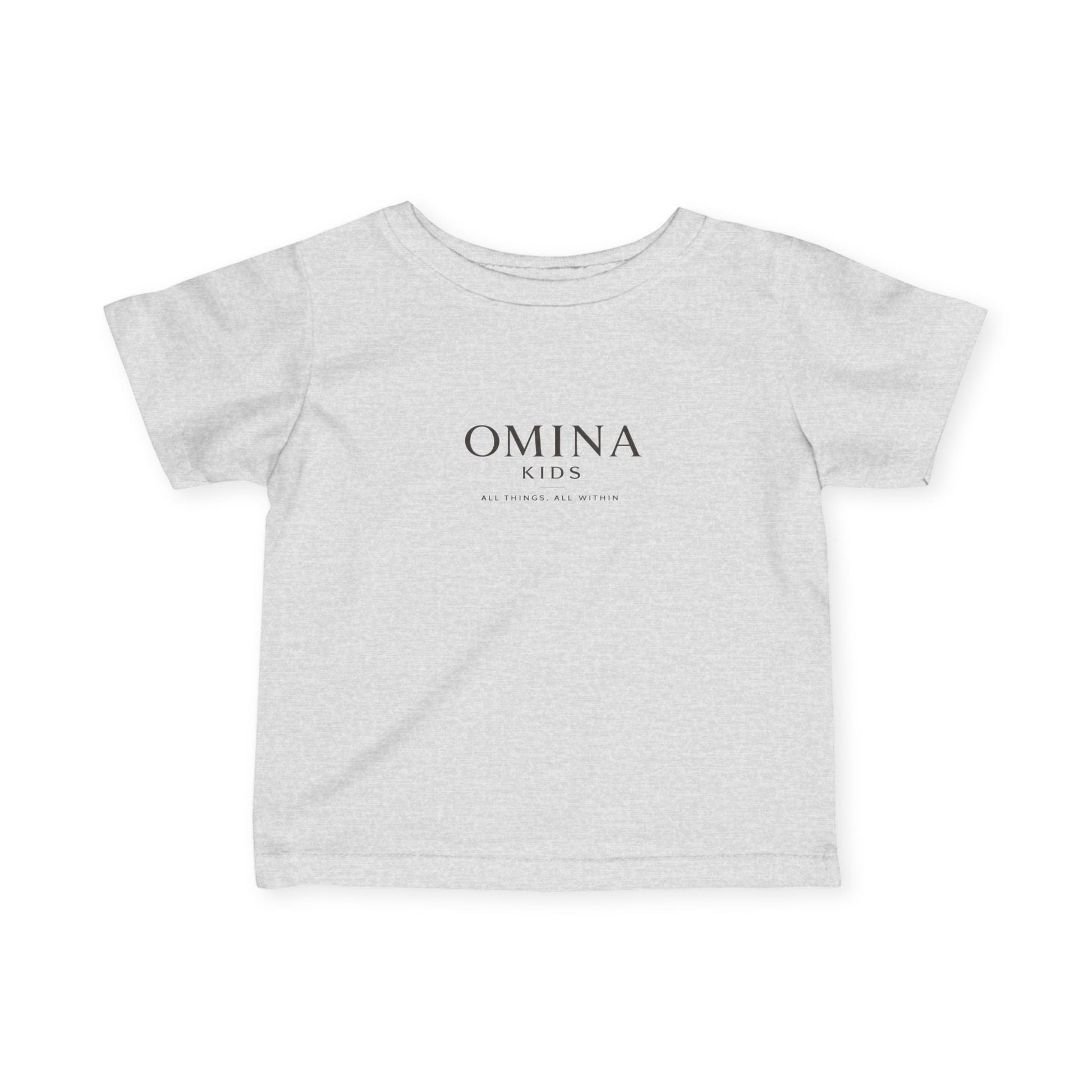 Omina Kids heather grey short-sleeve infant t-shirt with black Omina Kids logo and tagline on front. 100% combed cotton.