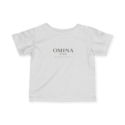 Omina Kids heather grey short-sleeve infant t-shirt with black Omina Kids logo and tagline on front. 100% combed cotton.