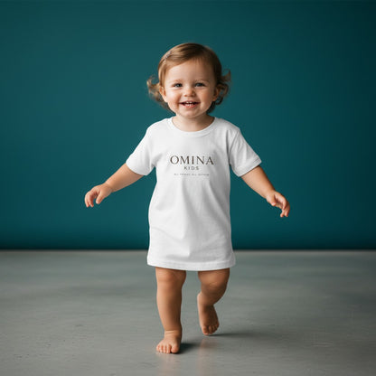 Omina Kids white 100% combed cotton infant t-shirt with minimalist logo on front.