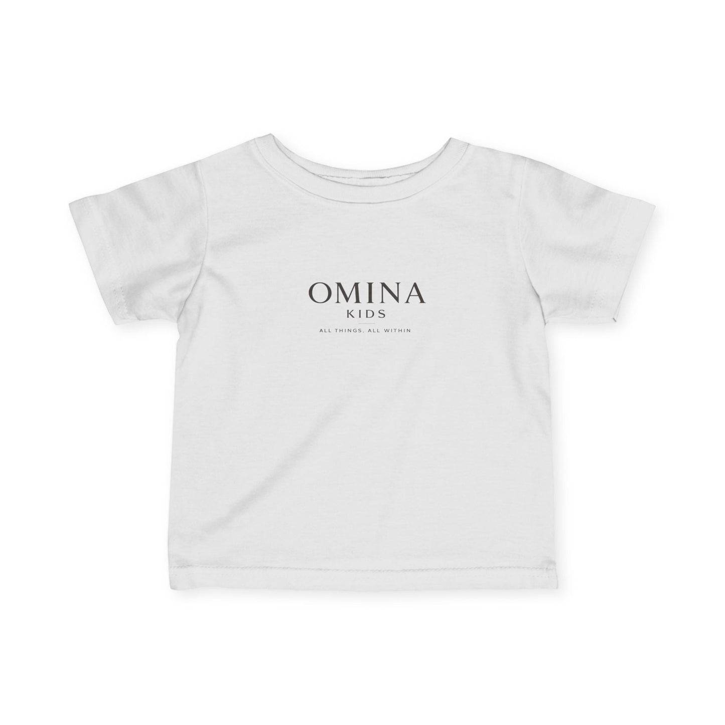 Omina Kids white 100% combed cotton infant t-shirt with "OMINA KIDS ALL THINGS. ALL WITHIN" logo on front.