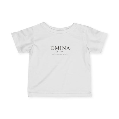 Omina Kids white 100% combed cotton infant t-shirt with "OMINA KIDS ALL THINGS. ALL WITHIN" logo on front.