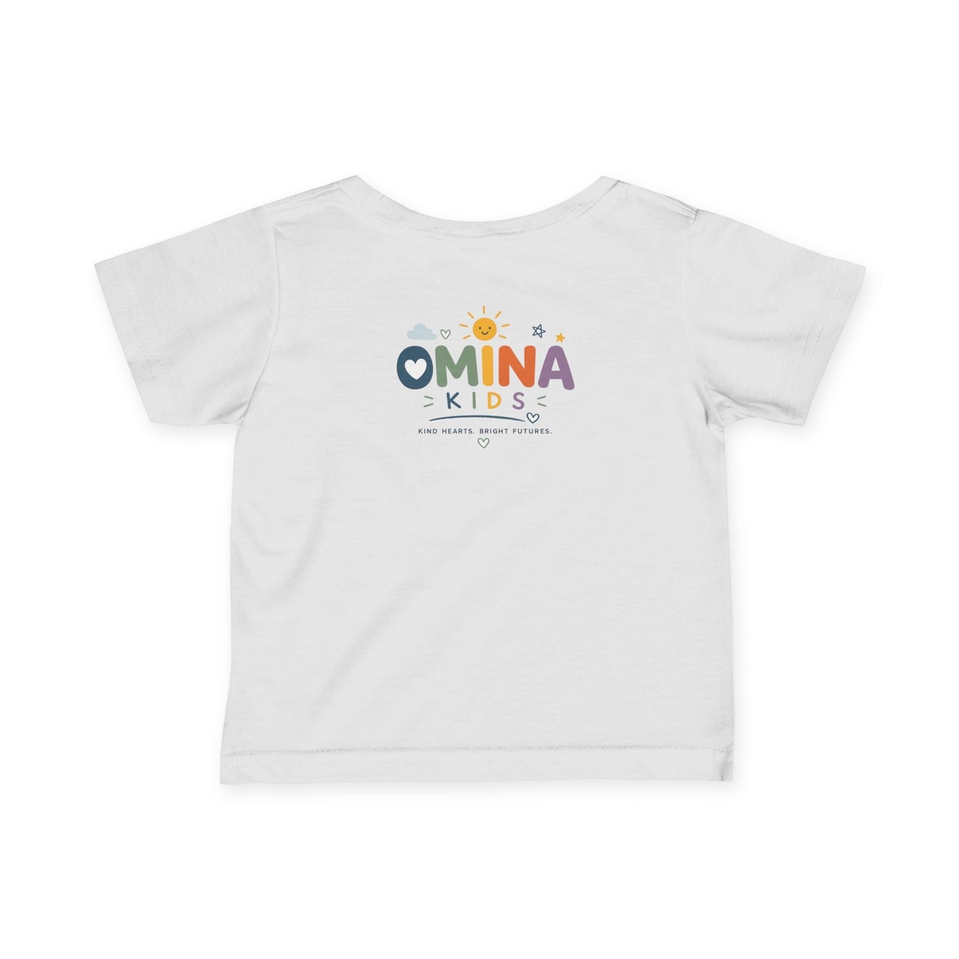 Omina Kids white infant t-shirt with a playful rainbow logo on the back and "KIND HEARTS. BRIGHT FUTURES." text.