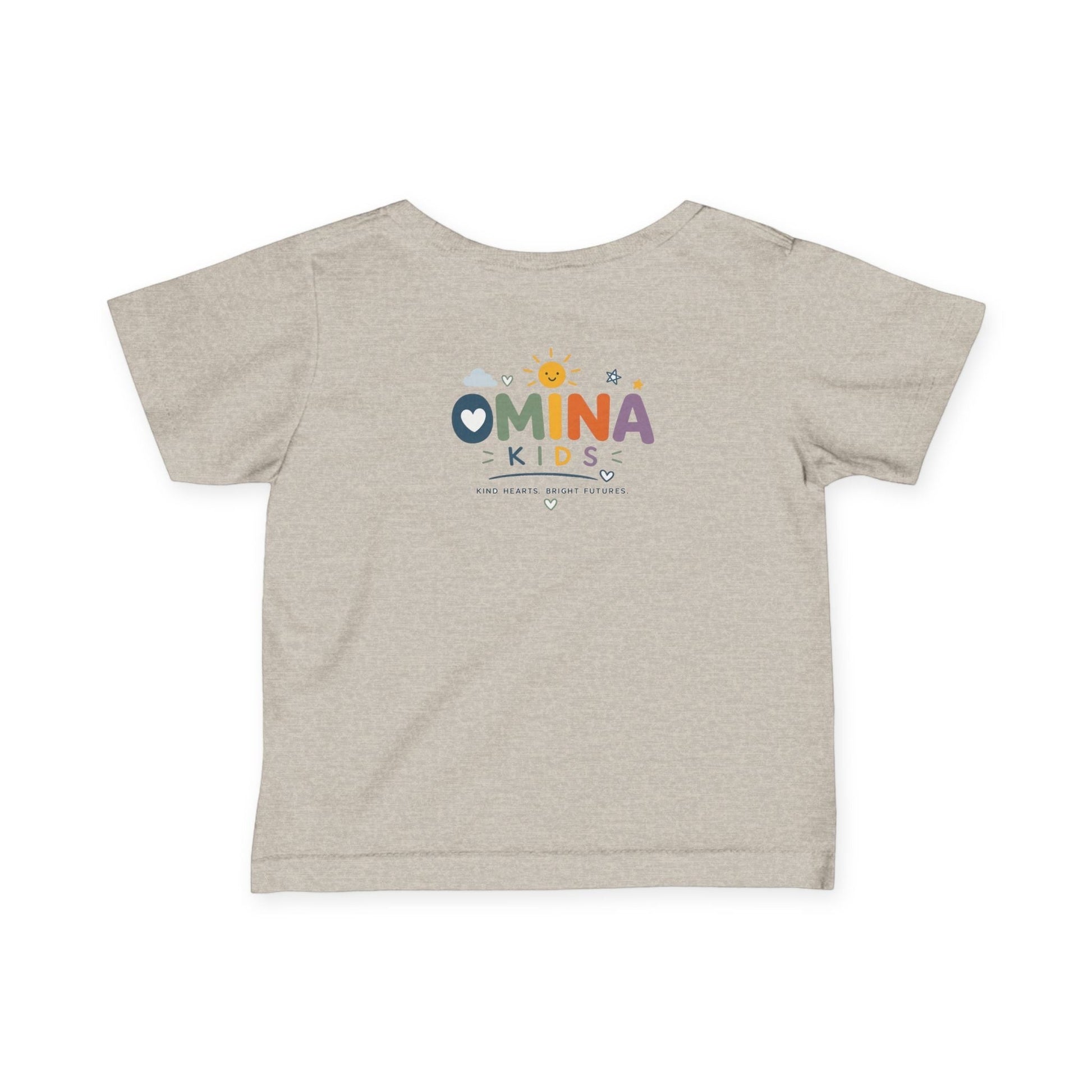 Omina Kids infant tee in heather beige, 100% combed cotton, with a playful rainbow logo on the back.