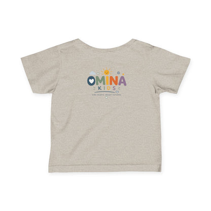 Omina Kids infant tee in heather beige, 100% combed cotton, with a playful rainbow logo on the back.