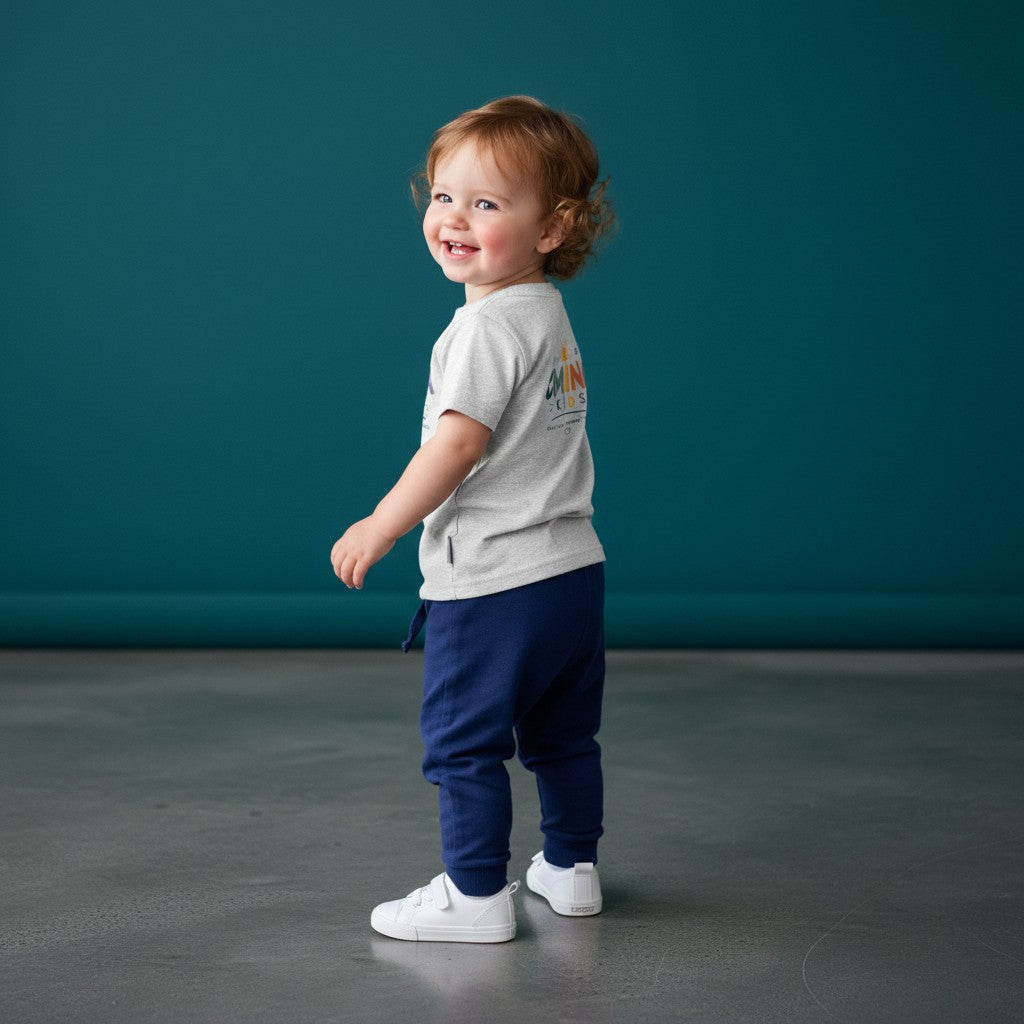Omina Kids infant tee in light heather grey, 100% combed cotton, with a playful rainbow logo and "KIND HEARTS. BRIGHT FUTURES." text.