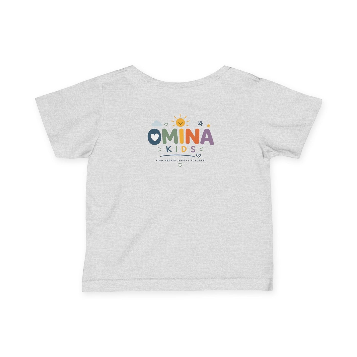Omina Kids light heather grey short-sleeve infant t-shirt with a playful rainbow logo and "KIND HEARTS. BRIGHT FUTURES." text.
