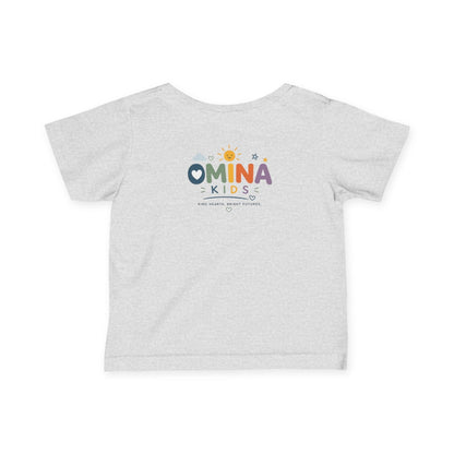 Omina Kids light heather grey short-sleeve infant t-shirt with a playful rainbow logo and "KIND HEARTS. BRIGHT FUTURES." text.