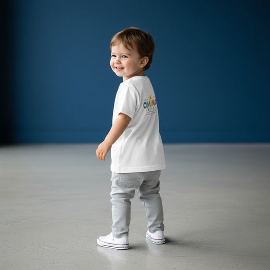 Omina Kids white infant t-shirt with a playful rainbow logo on the back and "KIND HEARTS. BRIGHT FUTURES." text.