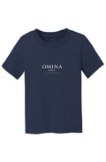 OMINA Kids navy blue cotton t-shirt with white logo text on chest. Short sleeves, crew neck.