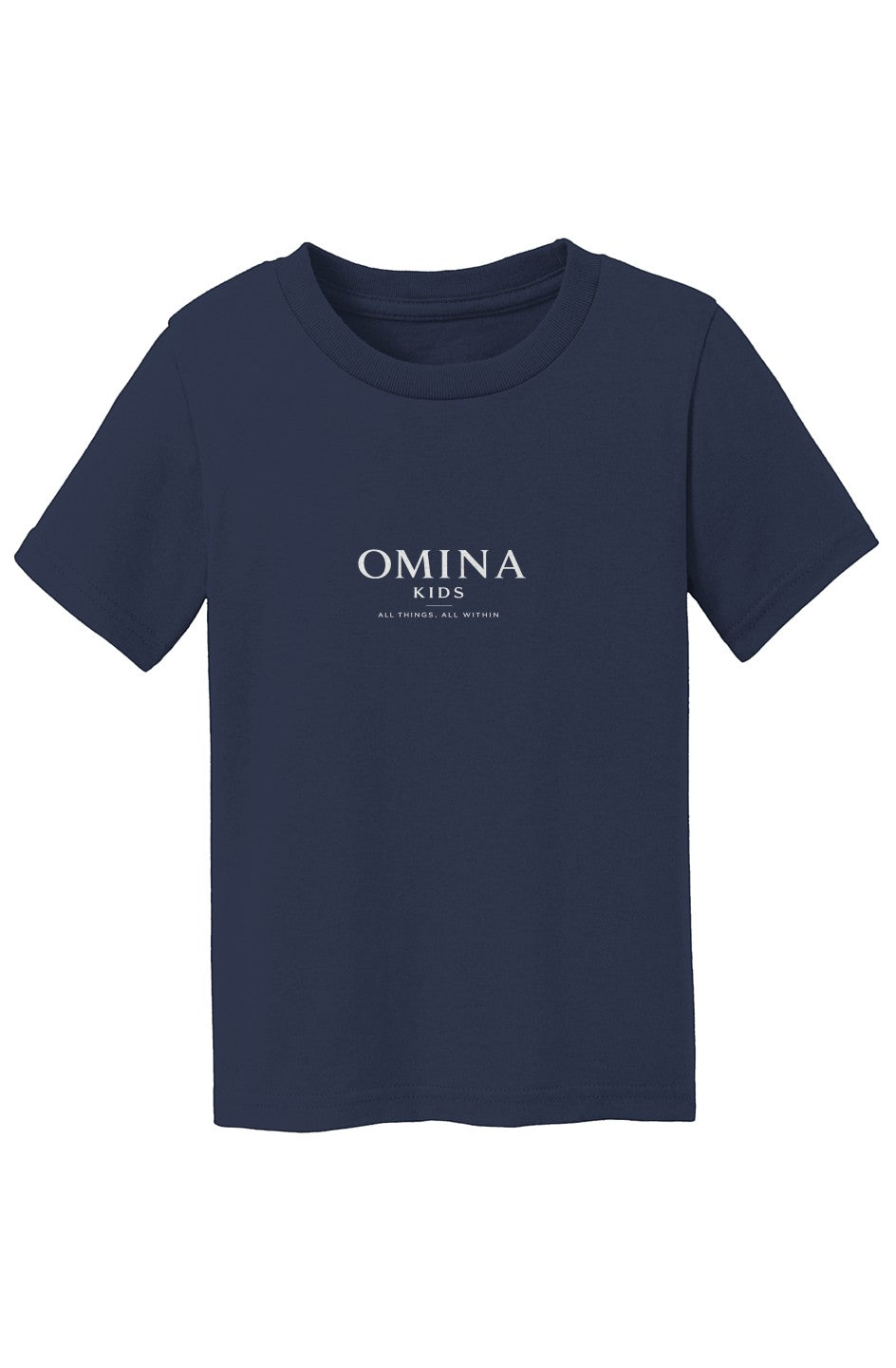 OMINA Kids navy blue cotton t-shirt with white logo text on chest. Short sleeves, crew neck.