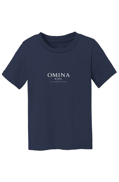 OMINA Kids navy blue cotton t-shirt with white logo text on chest. Short sleeves, crew neck.