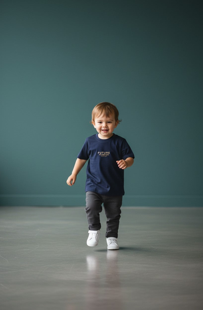 OMINA Kids navy blue cotton t-shirt with "FUTURE IN MOTION OMINA KIDS" text on back. Relaxed fit, breathable, lightweight.
