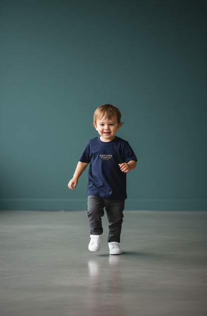 OMINA Kids navy blue cotton t-shirt with "FUTURE IN MOTION OMINA KIDS" text on back. Relaxed fit, breathable, lightweight.