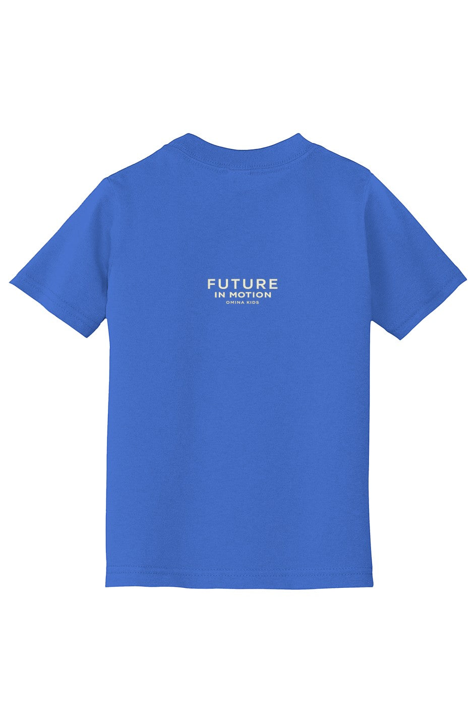 OMINA Kids toddler blue cotton t-shirt with "FUTURE IN MOTION" graphic on back.