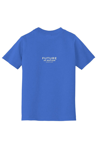 OMINA Kids toddler blue cotton t-shirt with "FUTURE IN MOTION" graphic on back.