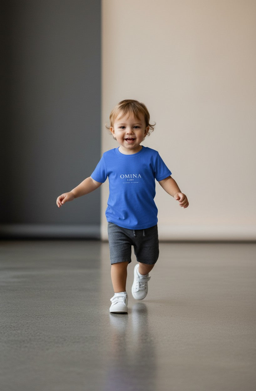 OMINA Kids toddler core cotton tee in bright blue with a relaxed fit and crew neck. Features minimalist logo on chest.