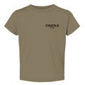 Omina Kids toddler tee in olive green, featuring the "SMALL HUMAN. BIG ENERGY." text on the front.