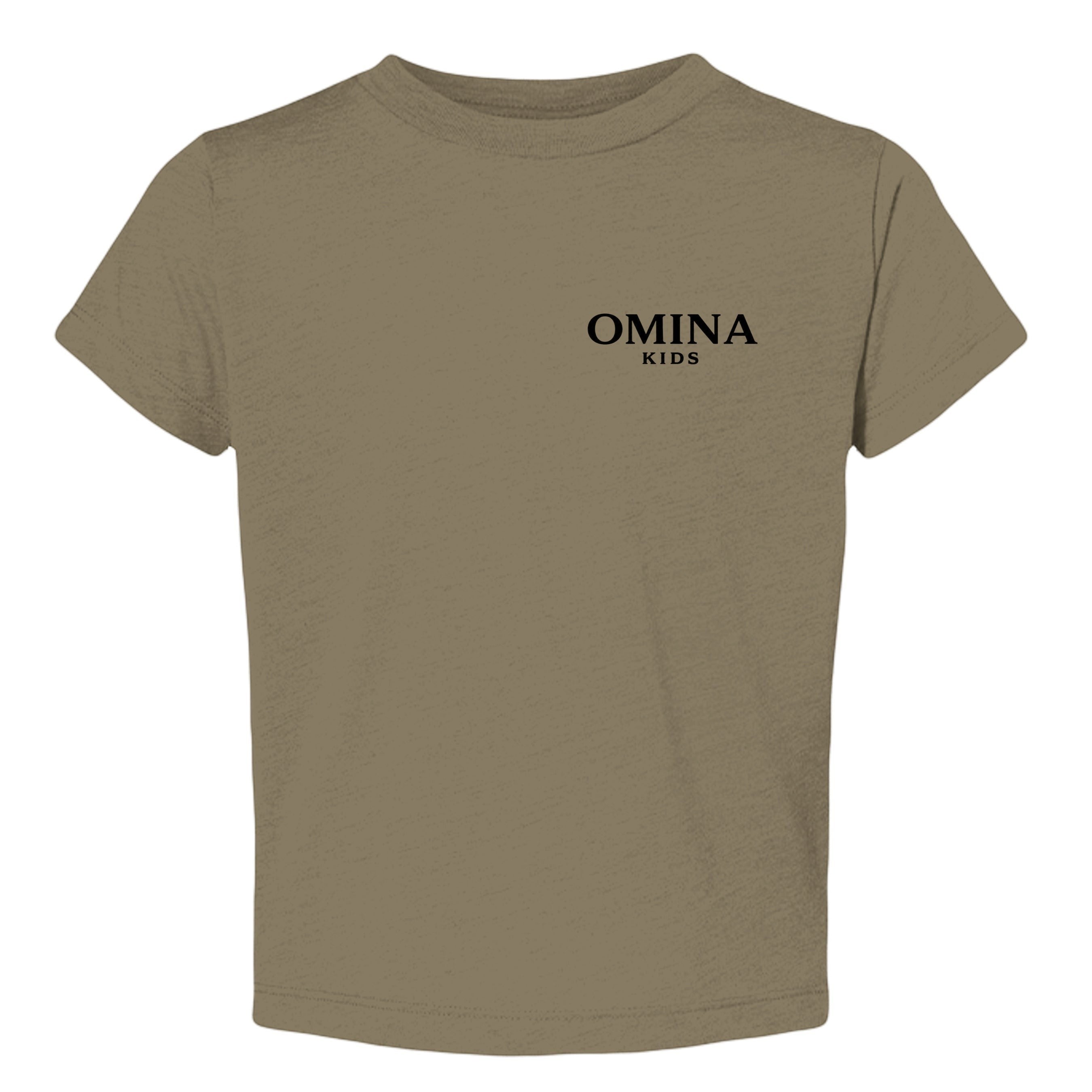 Omina Kids toddler tee in olive green, featuring the "SMALL HUMAN. BIG ENERGY." text on the front.