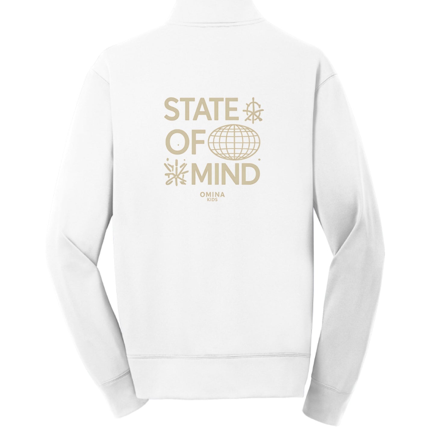 Omina Kids white 100% polyester full-zip jacket with cadet collar and "State of Mind" graphic on back.