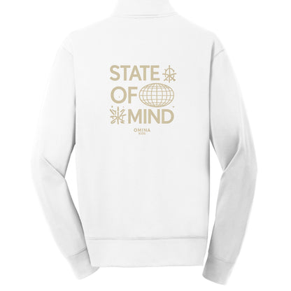 Omina Kids white 100% polyester full-zip jacket with cadet collar and "State of Mind" graphic on back.