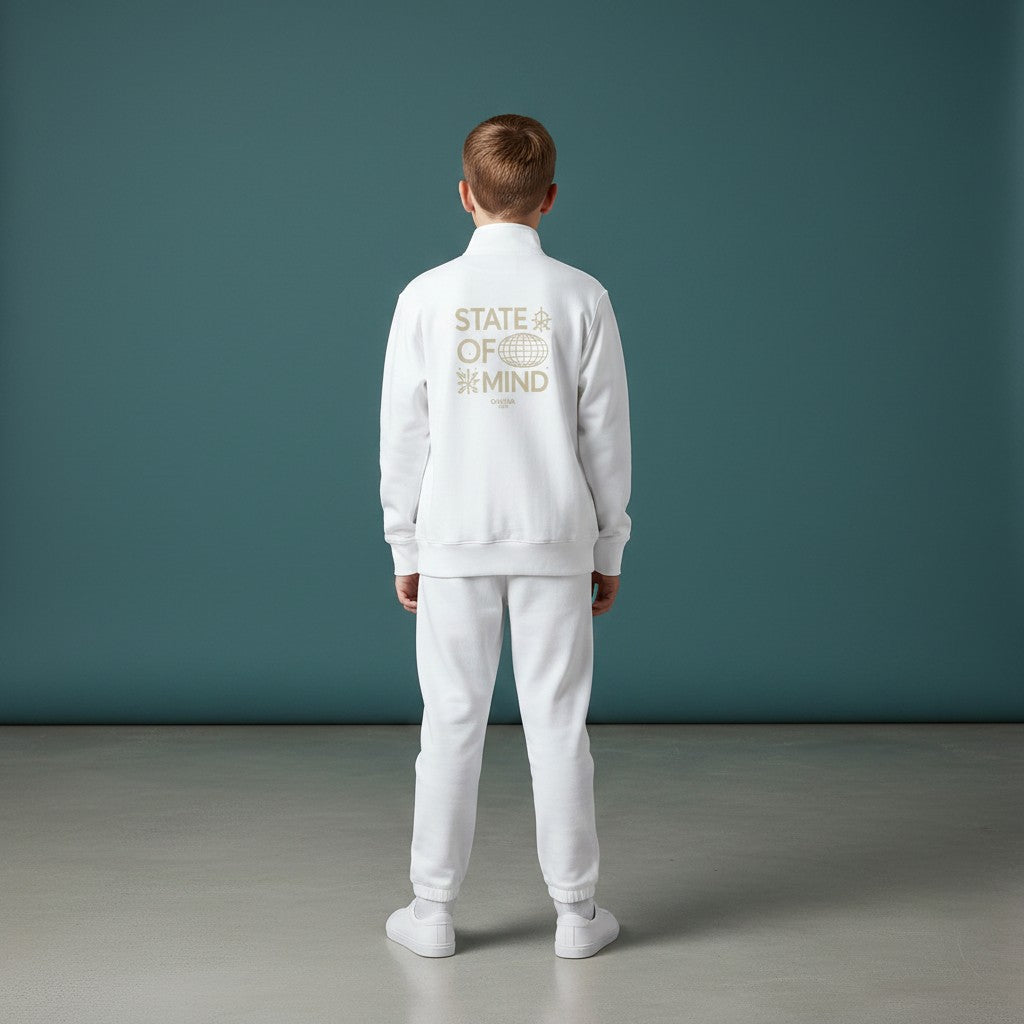 Omina Kids white 100% polyester full-zip jacket with cadet collar and "State of Mind" graphic on back.