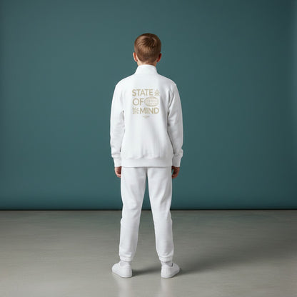 Omina Kids white 100% polyester full-zip jacket with cadet collar and "State of Mind" graphic on back.