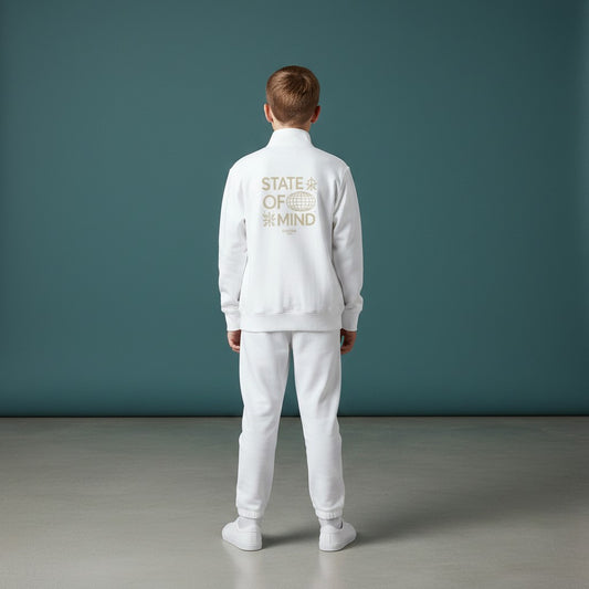 Omina Kids white 100% polyester full-zip jacket with cadet collar and "State of Mind" graphic on back.