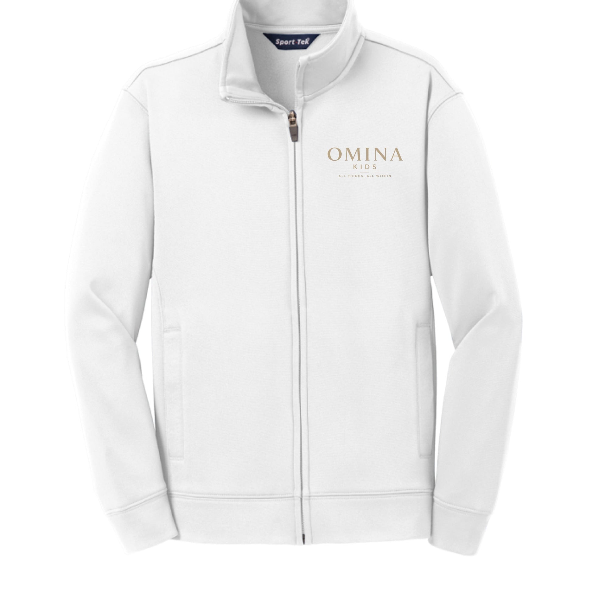 Omina Kids white 100% polyester full-zip fleece jacket with cadet collar and slash pockets.