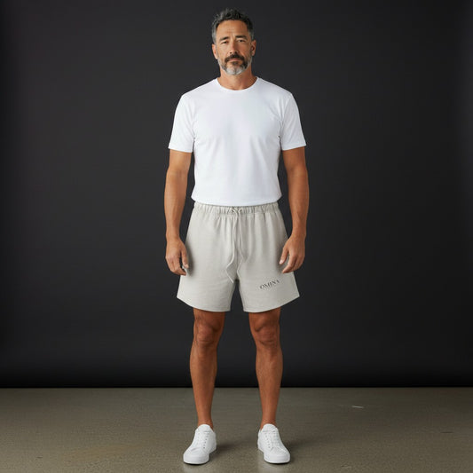 Omina Studio light grey relaxed fit athletic shorts with drawstring and subtle logo