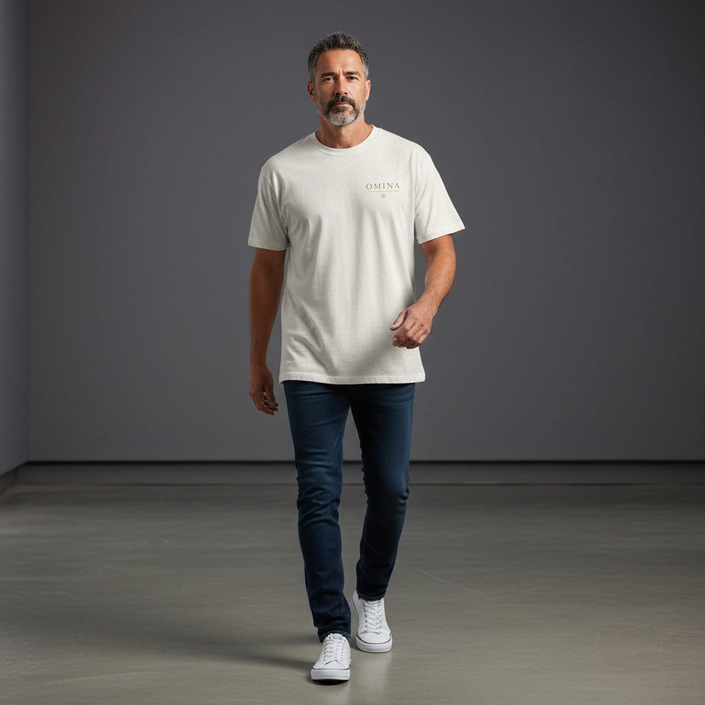Omina light grey 100% cotton oversized fit crew neck t-shirt with subtle logo detail on chest.