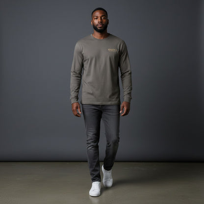 Omina grey cotton blend long-sleeve t-shirt with crewneck and relaxed fit, featuring a small logo on the chest.