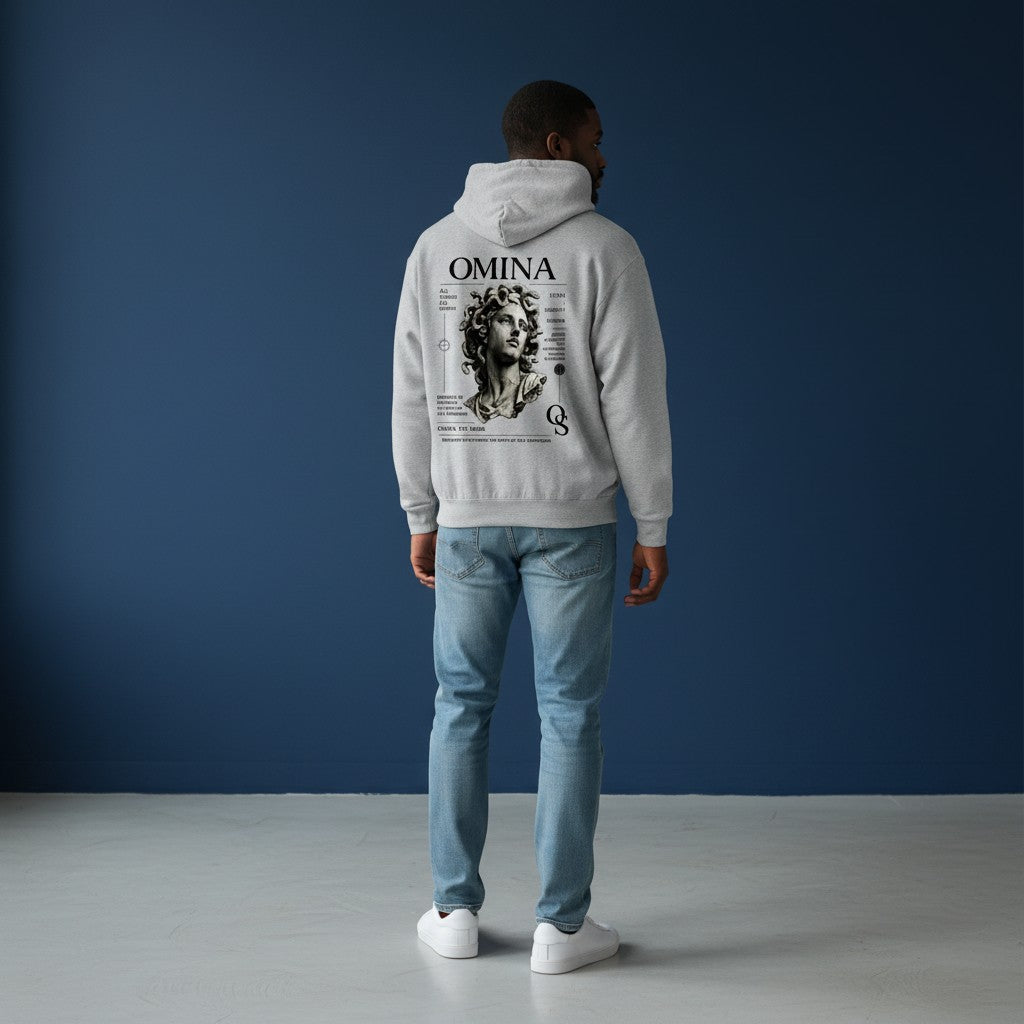 Omina grey cotton hoodie with a graphic print of the Medusa bust, inspired by classical sculpture and streetwear design.