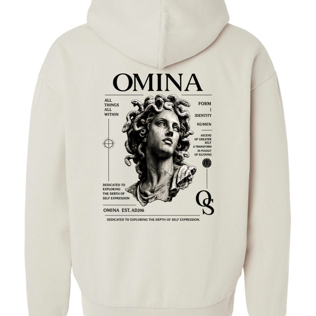 Omina Studio cream cotton hoodie with a graphic print of the Medusa bust, inspired by classical sculpture.