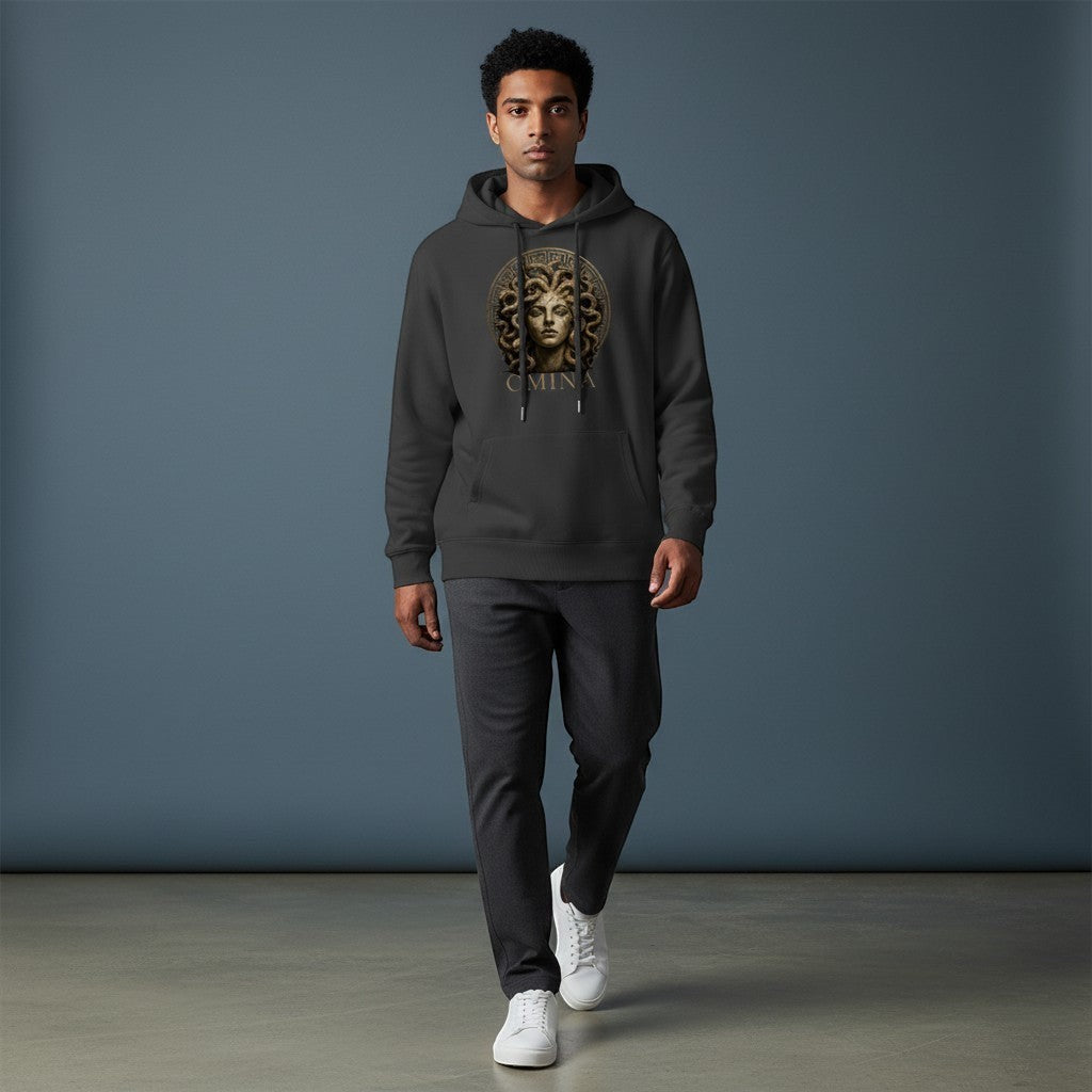 Omina Studio dark grey heavyweight hoodie with Medusa bust graphic and Omina logo.