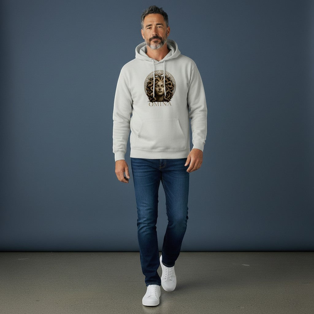 Omina Studio light grey heavyweight hoodie with Medusa bust graphic and logo. Relaxed fit.