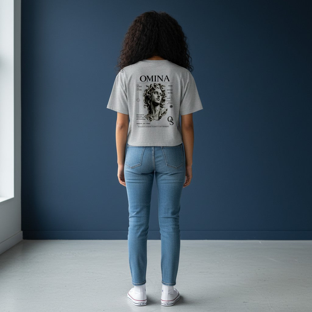 Omina Studio grey cotton blend cropped t-shirt with Medusa graphic and text details.