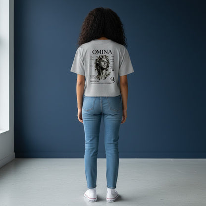 Omina Studio grey cotton blend cropped t-shirt with Medusa graphic and text details.