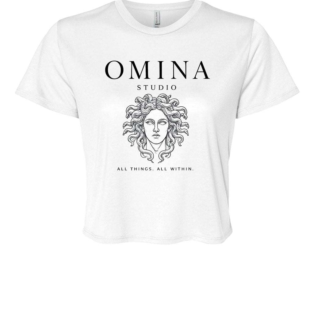 Omina Studio white cotton cropped t-shirt with Medusa graphic and "All Things, All Within" text.